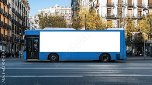 Side view of a blue city bus with a large blank white mockup area for advertising or branding photo