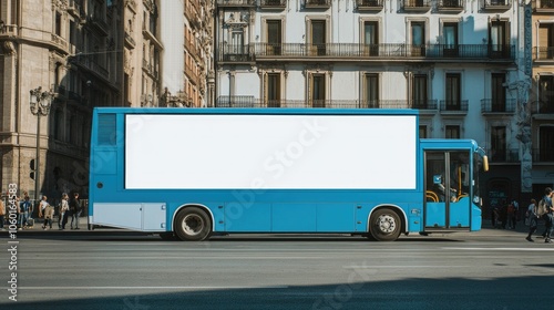 Side view of a blue city bus with a large blank white mockup area for advertising or branding photo