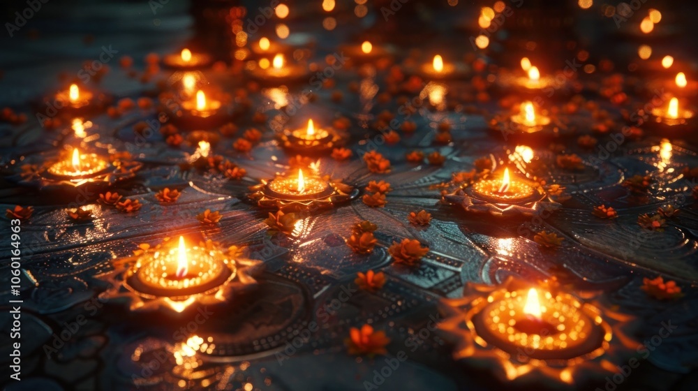 A tranquil scene of glowing candle lights set against a dark reflective surface creating a serene and captivating atmosphere These candles represent the spiritual devotional A tranquil scene of glowing candle lights set against a dark reflective surface creating a serene and captivating atmosphere These candles represent the spiritual devotional