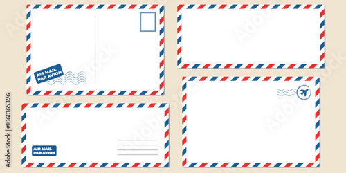 Postcard envelope template set. Greeting card stamps postal services red blue frame fast delivery air ships stylish retro design empty blank graphic template.