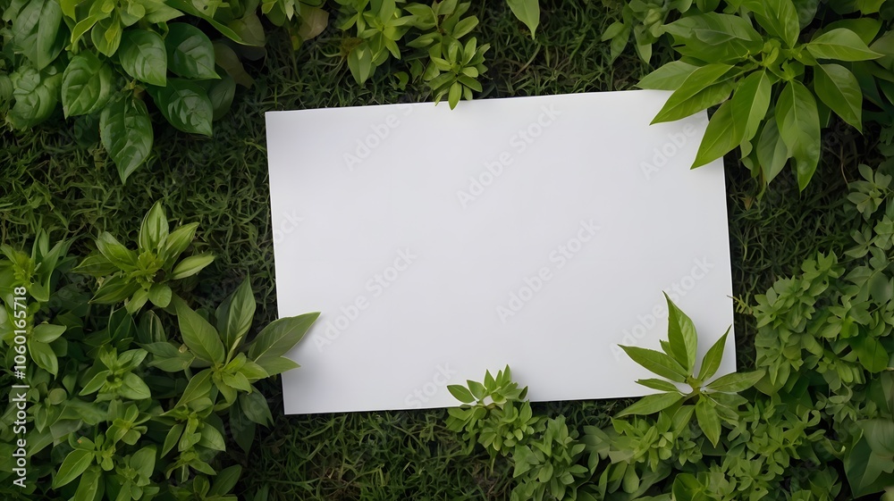 Blank white paper mockup on lush green leaves & grass, empty invitation or message card mockups on botanical plant background Blank white paper mockup on lush green leaves & grass, empty invitation or message card mockups on botanical plant background