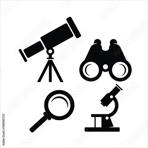 telescope, magnifying glass, binoculars, microscope icon vector