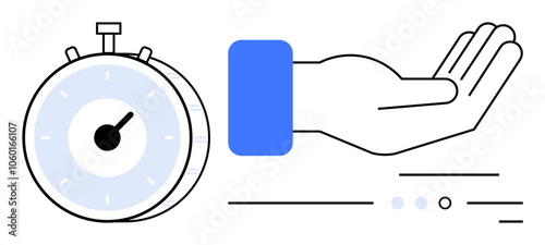 Hand reaching out to receive stopwatch, minimalist line elements. Ideal for time management, productivity, deadlines, efficiency, business scheduling, work planning, punctuality. Line metaphor