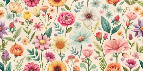 Whimsical illustrations of flowers in a subtle repeat pattern, watercolor effect, subtle texture