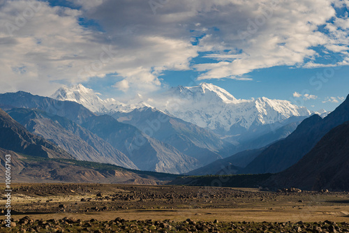 Scenic landscape view of Nanga Parbat mountain north face aka Rakhiot face near Jaglot, Gilgit, Gilgit-Baltistan, Pakistan photo