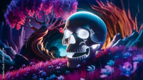 A luminous skull sits serenely in a vibrant, fantasy forest, glowing under the moonlight. Magic and mystery permeate the scene. AI generated photo