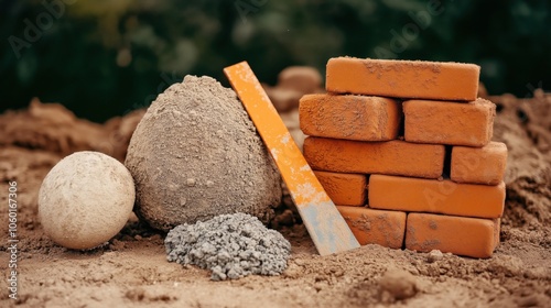 A stack of red clay bricks and various construction materials including sand, gravel, and a leveling tool on a construction site. photo