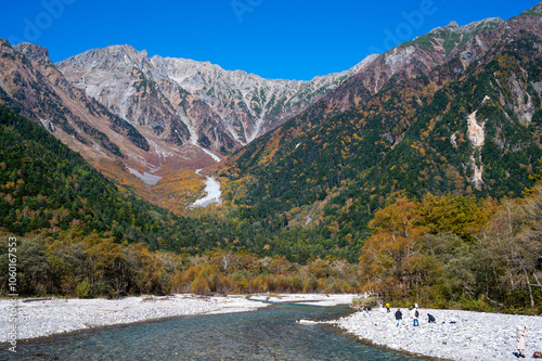 Fototapeta Naklejka Na Ścianę i Meble -  Autumn season of Kamikochi, Chubu-Sangaku National Park, Nature landscape at Kamikochi Japan, autumn in the Northern Japan Alps with pond and mountain, Matsumoto, Nagano, Japan
