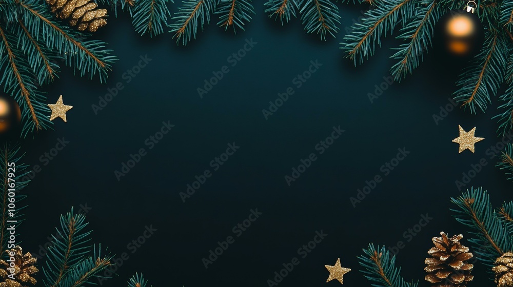 Naklejka premium Festive pine branches adorned with gold stars, creating warm holiday ambiance for seasonal celebrations.