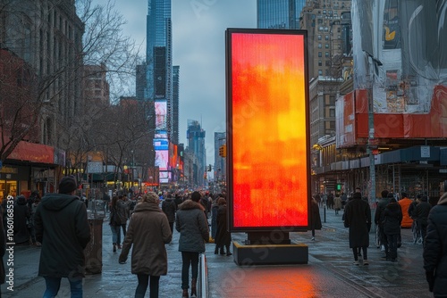 Tourists and new yorkers walking near a giant digital billboard in times square, new york city photo