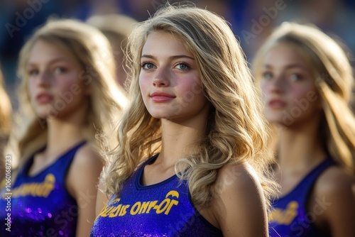 Cheerleader team posing with blonde hair at sports event