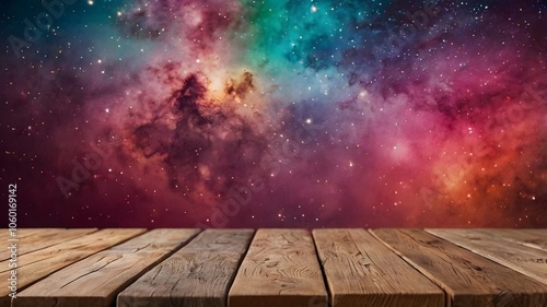 Brown wooden deck & magical cosmic galaxy universe vivid sky,  illustrating space beauty & wonder. exploration imagination & tranquillity photo