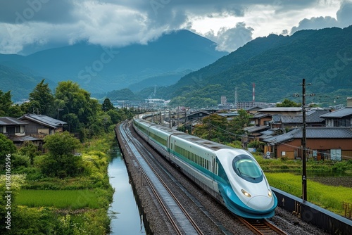 Japanese shinkansen bullet train running through rural countryside near mount fuji