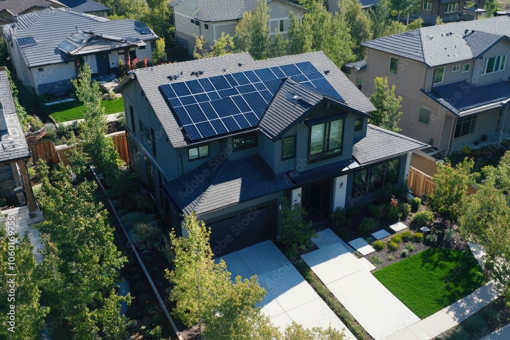 Modern suburban house with solar panels generating green energy Modern suburban house with solar panels generating green energy