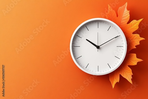 White clock with a leaf on it is on an orange background. The clock is set at 11:00 photo