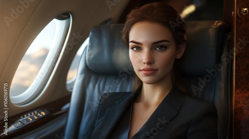 A professional woman seated in a private jet, exuding confidence and elegance.