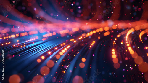 Optical data concept depicted by abstract glowing lines on a dark background. The high speed, vast capacity data transmission enabled by optical fiber technology in today's digital age