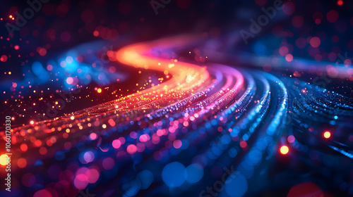 Optical data concept depicted by abstract glowing lines on a dark background. The high speed, vast capacity data transmission enabled by optical fiber technology in today's digital age