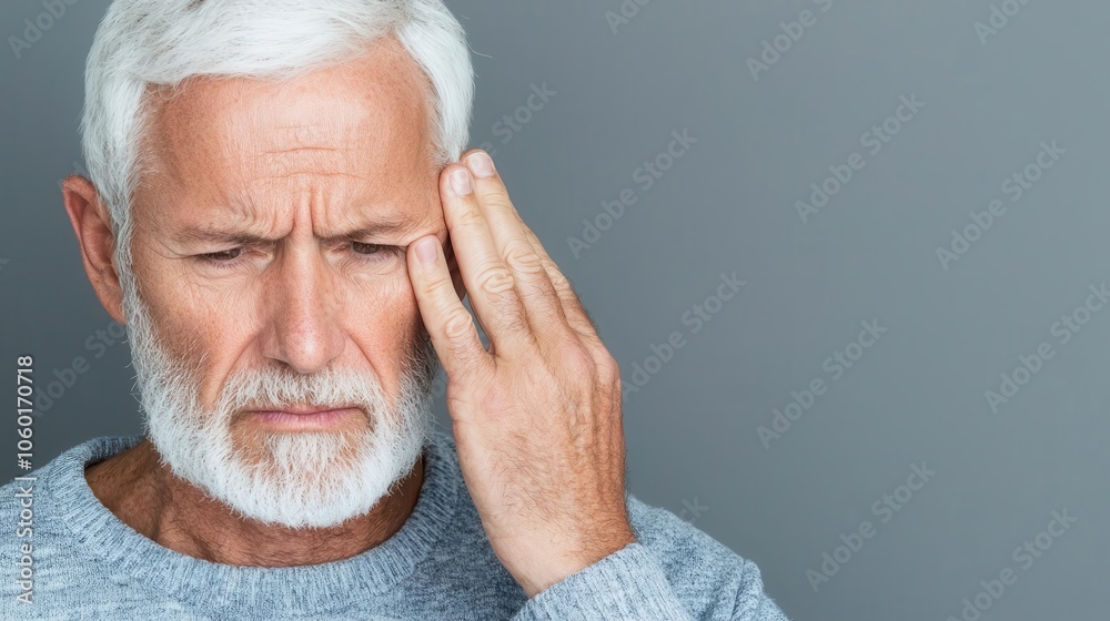 Man pressing ear with slight frown, calm clinic lighting, experiencing ringing in ear Man pressing ear with slight frown, calm clinic lighting, experiencing ringing in ear