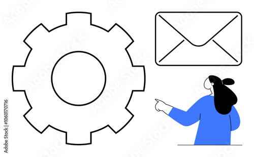 Large gear next to envelope and pointing person in blue attire. Ideal for technology, communication, email services, engineering, and customer support. Cartoonish and clean style