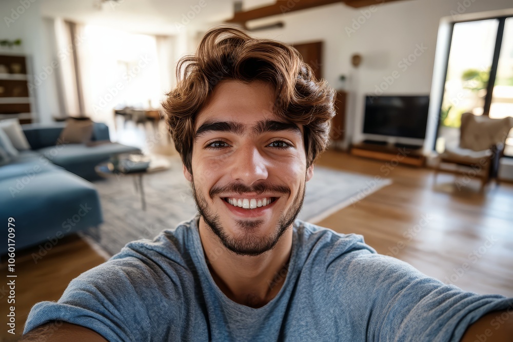 Obraz premium A cheerful man shares his happiness through a selfie in a contemporary space.