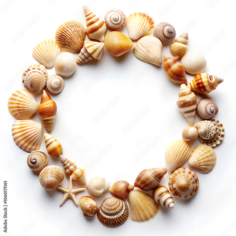 A variety of seashells arranged in a gentle arc on a plain white backdrop. A variety of seashells arranged in a gentle arc on a plain white backdrop.