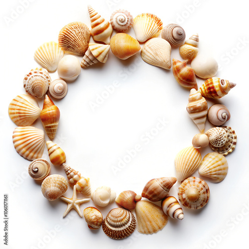 A variety of seashells arranged in a gentle arc on a plain white backdrop.