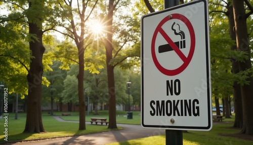 No smoking sign in a green public park with sunlight photo