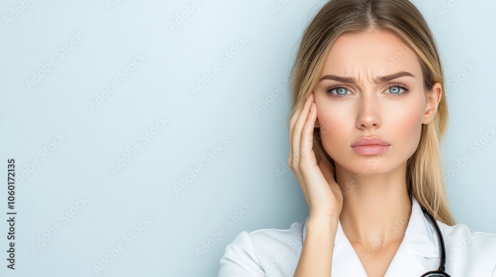 Woman holding ear with discomfort, clinical background, medical attention for ear ringing Woman holding ear with discomfort, clinical background, medical attention for ear ringing