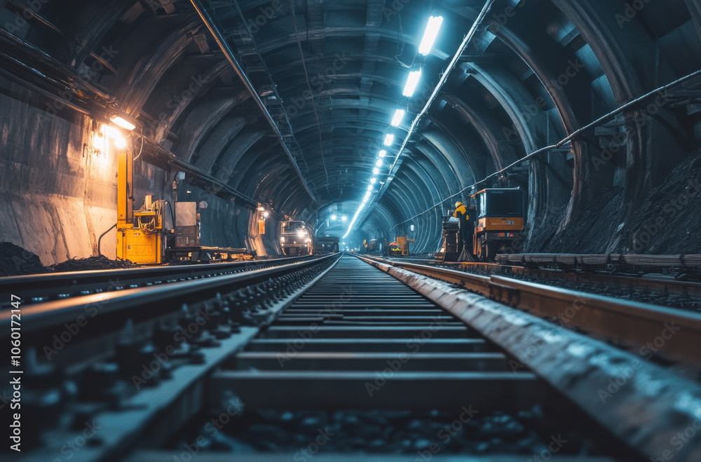 Obraz premium underground mining tunnel with steel tracks illuminated by lights, showcasing machinery and workers in dark environment. scene conveys sense of industrial activity and depth