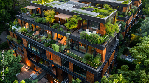 Residential complex featuring energy-efficient multifamily homes adorned with verdant green balconies, rooftop gardens, and integrated solar panel systems, exemplifying sustainable urban living photo