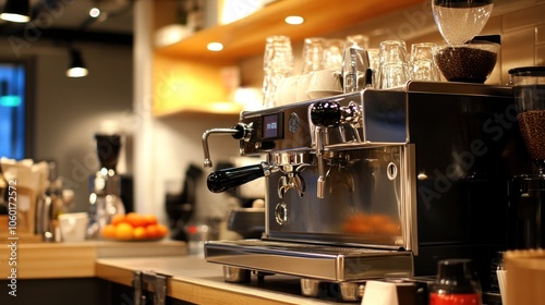 A close-up of a shiny stainless steel espresso machine on a counter in a modern cafe or coffee shop, with coffee beans, glasses and fruit in the background.