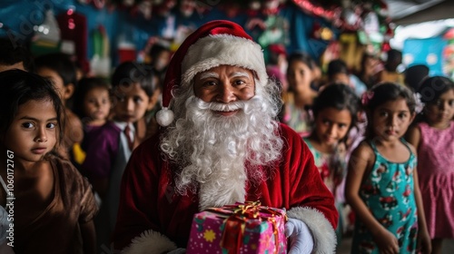 Wallpaper Mural Santa Claus holds a gift and smiles at a group of children. Torontodigital.ca