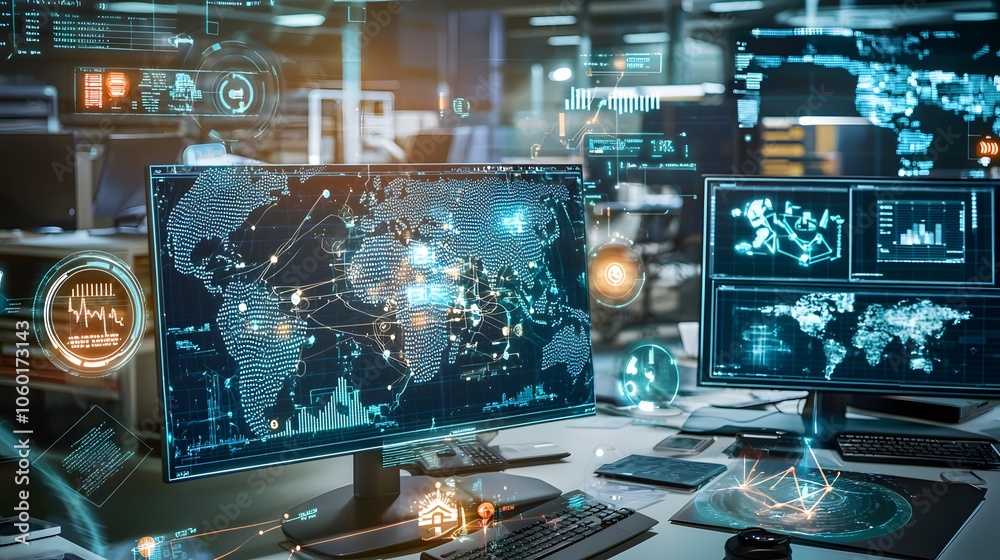 Global Network and Data Visualization on Computer Screens.