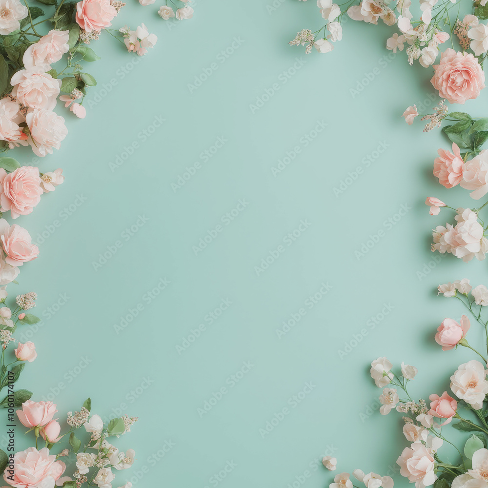 Obraz premium 민트 녹색 배경에 부드러운 꽃 프레임