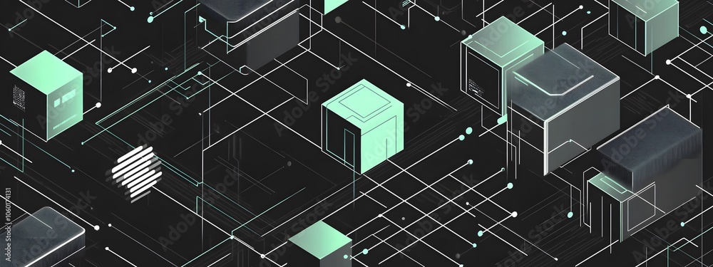 Minimalist vector graphic design of data flow with cubes and lines, simple shapes in shades of gray on a black background Minimalist vector graphic design of data flow with cubes and lines, simple shapes in shades of gray on a black background