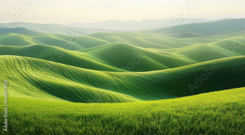 Lush green grassland rolling hills create serene landscape under soft sky. gentle curves and vibrant colors evoke sense of tranquility and natural beauty