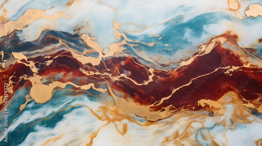 Fototapeta premium Abstract design featuring swirling colors of blue, red, and gold, creating a fluid marble effect.