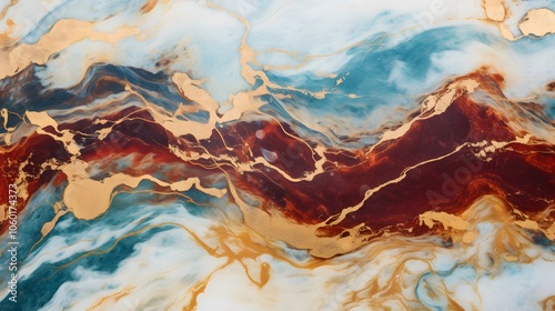 Abstract design featuring swirling colors of blue, red, and gold, creating a fluid marble effect.