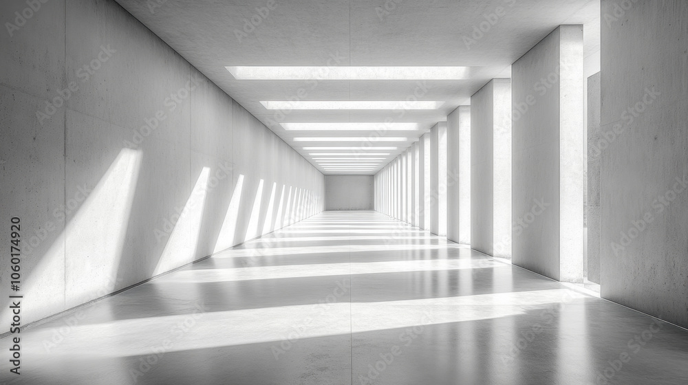 Obraz premium bright, minimalist interior space featuring concrete walls and wide angle perspective. light streaming through openings creates serene and modern atmosphere