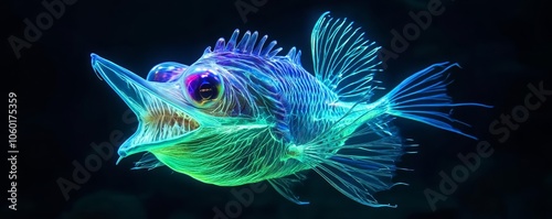 Glowing deep-sea anglerfish hunting prey in the darkness, Underwater Predator, Bioluminescence, Marine Life photo