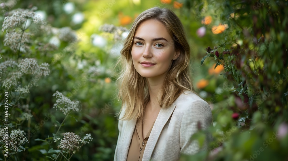 Young woman in beige blazer smiling among spring flowers and greenery, natural beauty and lifestyle portrait concept Young woman in beige blazer smiling among spring flowers and greenery, natural beauty and lifestyle portrait concept