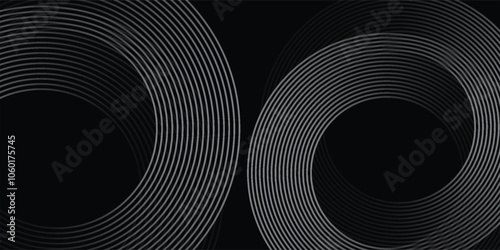 Black abstract background with circle lines. Modern black gray gradient rings.