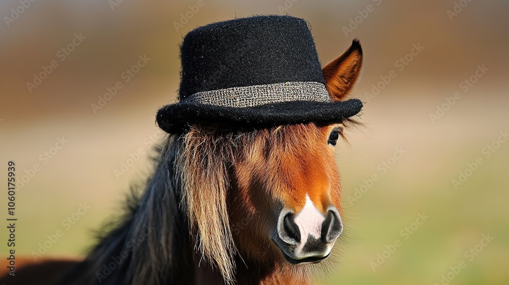 Fototapeta premium Creative Abstract Design of a Hat-Wearing Horse in an Animal World Setting, Perfect for Advertising Backgrounds. This Visual Captures the Whimsical Nature of Animals and Their Unique Personalities, M