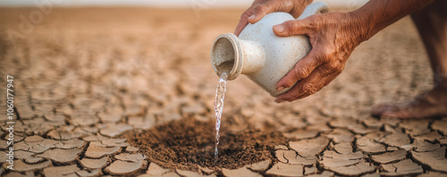Hands pouring water into dry soil, symbolizing hope and renewal