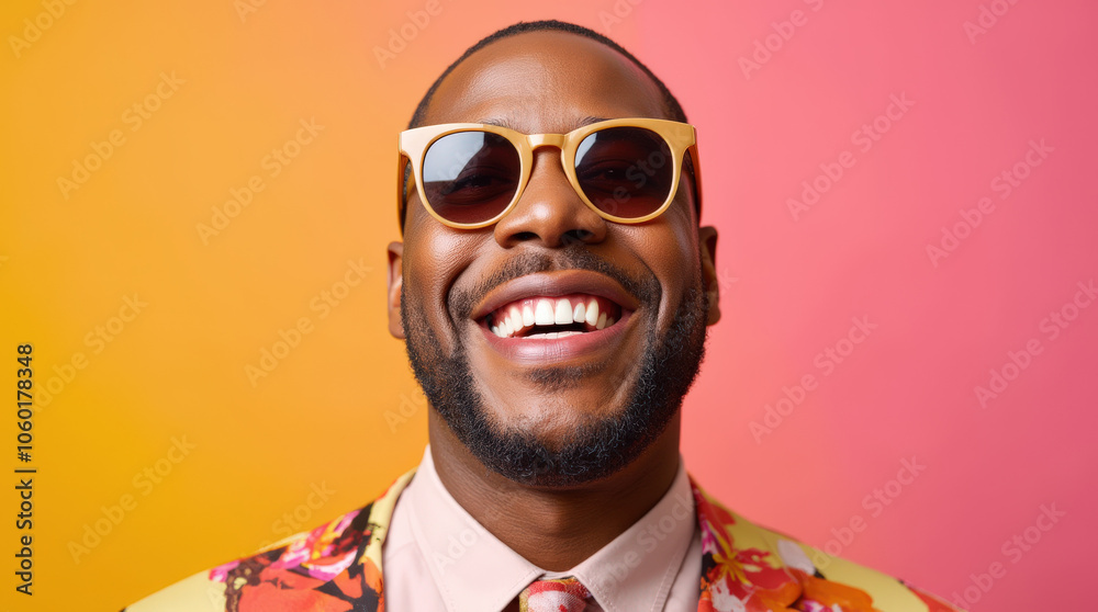 Fototapeta premium Vibrant Sunglasses Fashion Portrait: Trendy Close-Up in Colorful Artistic Setting