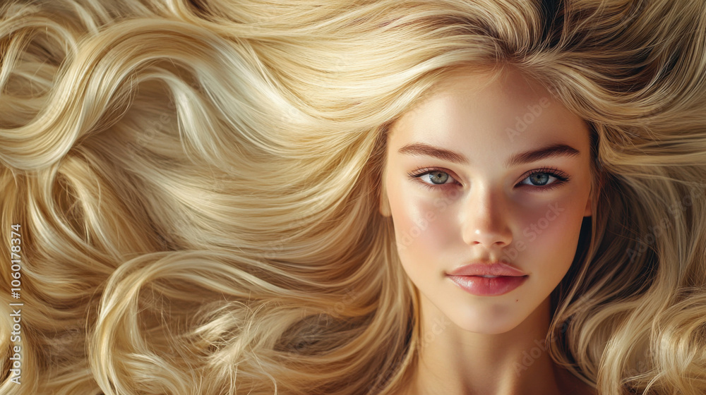 A serene close-up of a young woman's face surrounded by flowing, blonde hair during soft natural light A serene close-up of a young woman's face surrounded by flowing, blonde hair during soft natural light