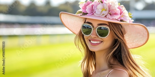 Creative Abstract Design Featuring Fashionable Horse Racing Scene with a Woman in a Colorful Floral Hat and Makeup. This Elegant Vintage-Modern Spring Carnival Setting Captures the Excitement of the M