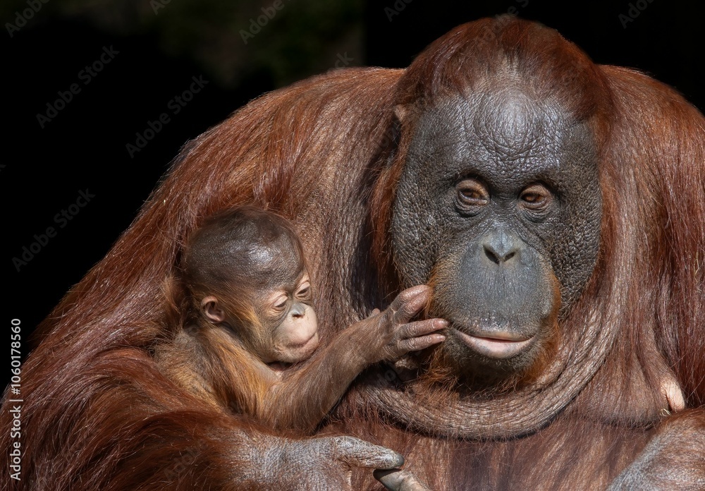 Fototapeta premium Closeup of a mother orangutan holding her baby in the wild
