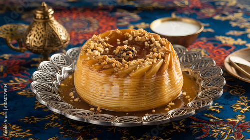 Maqtab Sweet: A flaky pastry filled with a sweet mixture, elegantly presented on a platter, garnished with syrup and nuts, with a vibrant backdrop.

 photo